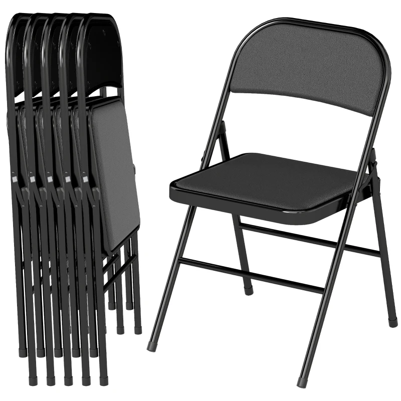 HOMCOM Set of 6 Metal Foldable Chairs, PU Leather Padded Folding Chairs with Cushion Seat and Open Back for Indoor, Black