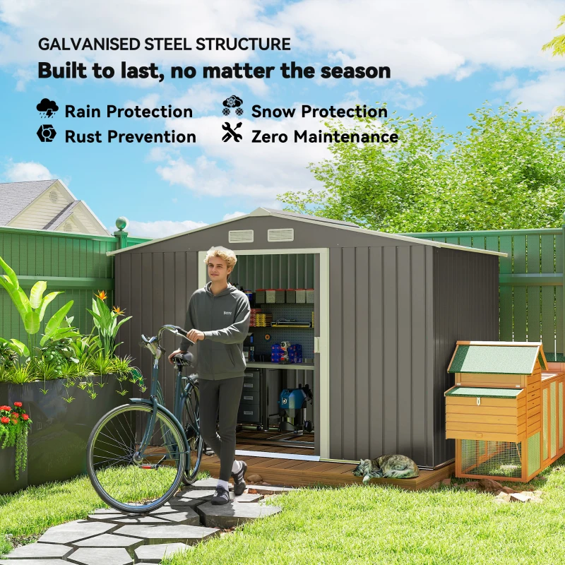 Outsunny 9' x 6' Outdoor Storage Shed, Garden Tool House with Foundation Kit, 4 Vents and 2 Easy Sliding Doors for Backyard, Patio, Garage, Lawn, Gray