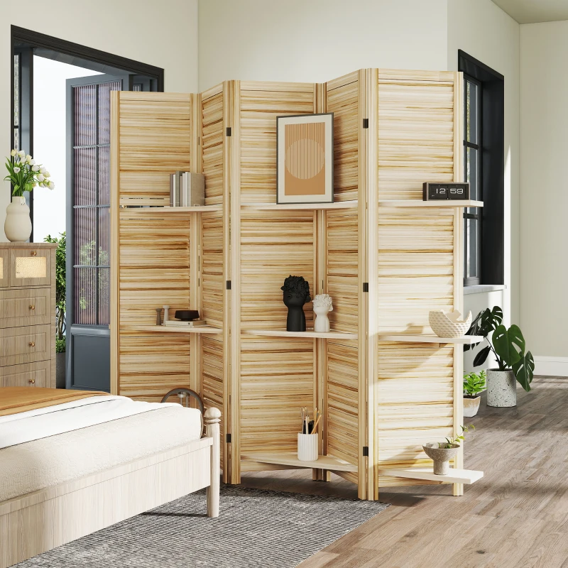 HOMCOM 5 Panel 67" Tall Wood Privacy Screen Room Divider with 3 Shelves and Folding Storage for Bedroom, Natural Wood