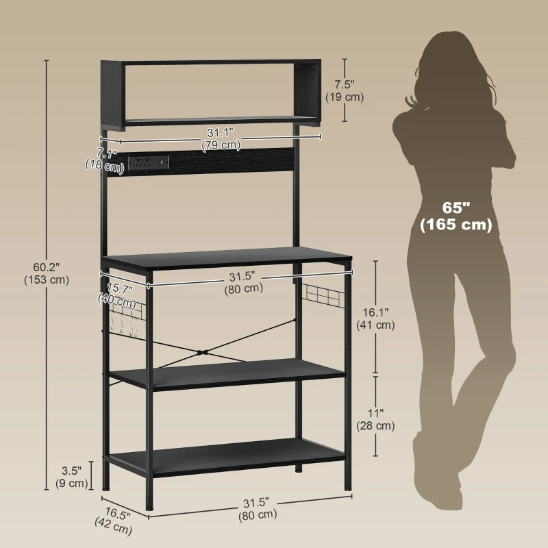 HOMCOM Baker's Rack with Charing Station, Microwave Shelf with Power Outlet, USB Charger and 5 Hooks, Black