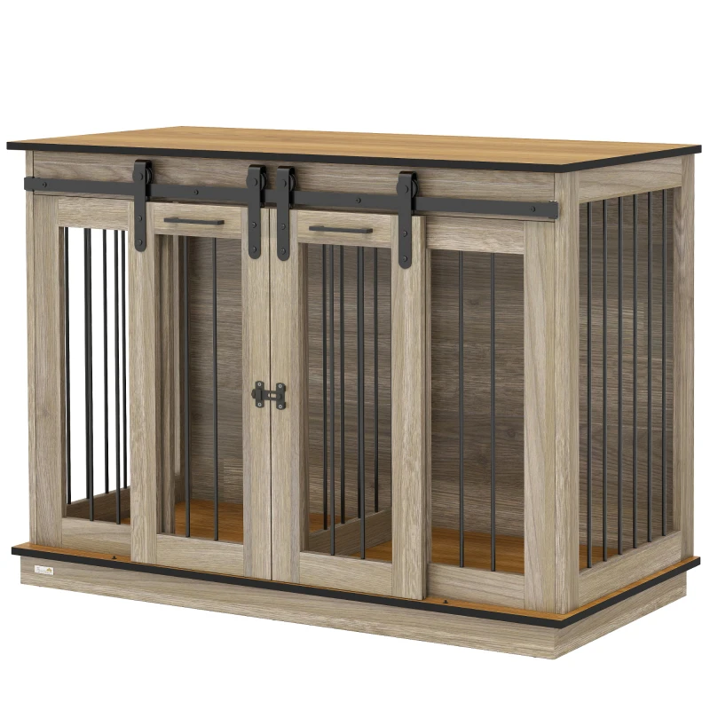 PawHut Dog Crate, Dog Cage End Table with Divider Panel, Dog Crate Furniture for Large Dog and 2 Small Dogs, Oak