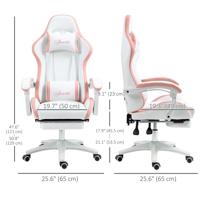 Vinsetto Computer Gaming Chair, PU Leather Office Desk Chair with Footrest, Swivel Wheels, 135° Reclining Back, White