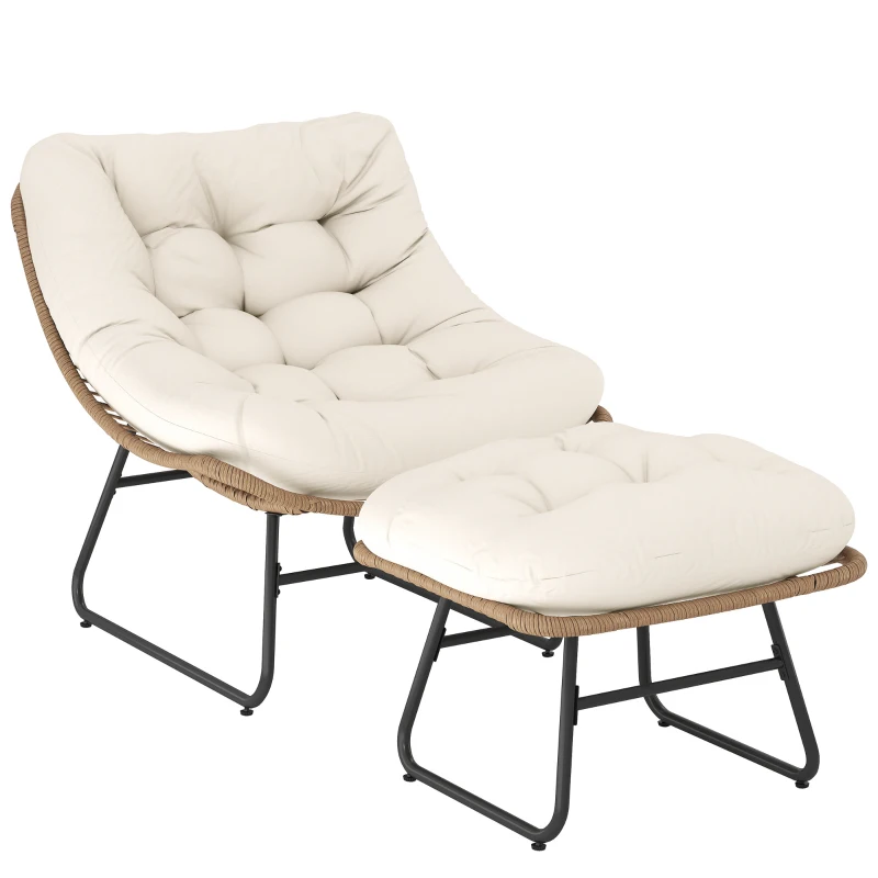 Outsunny Rattan Chair w/ Stool, Cushion, Adjustable Foot Pads, Natural