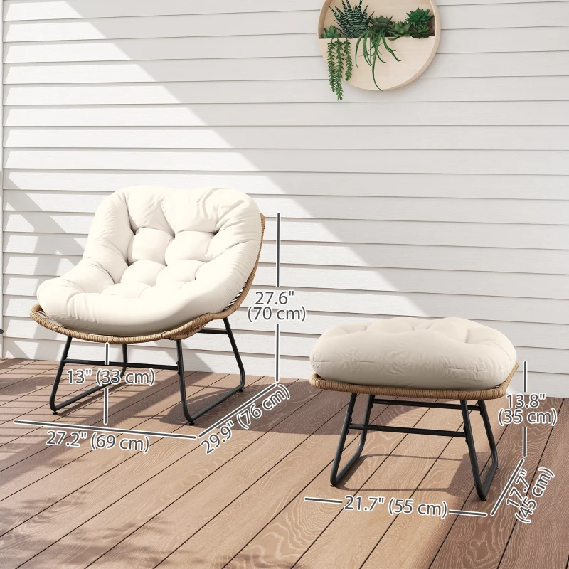 Outsunny Rattan Chair w/ Stool, Cushion, Adjustable Foot Pads, Natural