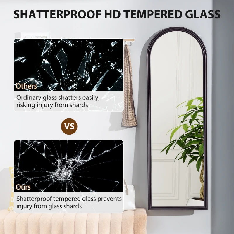 HOMCOM 64" x 21" Full Length Mirror, Free Standing, Leaning or Wall, Arched Full Body Mirror, Brown Wood Grain