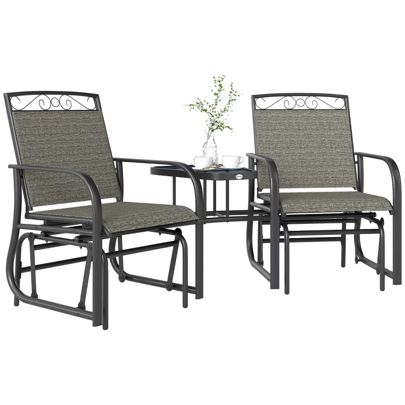 Outsunny Outdoor Glider Chairs with Coffee Table, Patio 2-Seat Rocking Chair Swing with Breathable Sling for Backyard, Gray