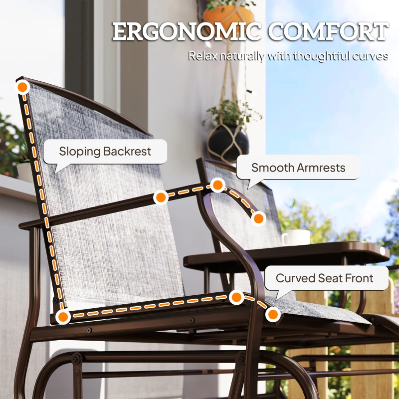 Outsunny 2-Seat Outdoor Glider Swing, Center Coffee Table and Independent Chairs, Supports Up to 352 lbs., Loveseat with Breathable Sling for Backyard, Garden, and Porch, Brown