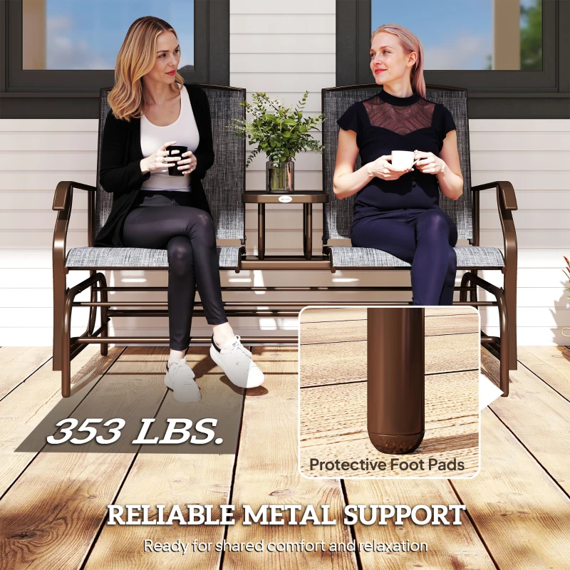 Outsunny 2-Seat Outdoor Glider Swing, Center Coffee Table and Independent Chairs, Supports Up to 352 lbs., Loveseat with Breathable Sling for Backyard, Garden, and Porch, Brown