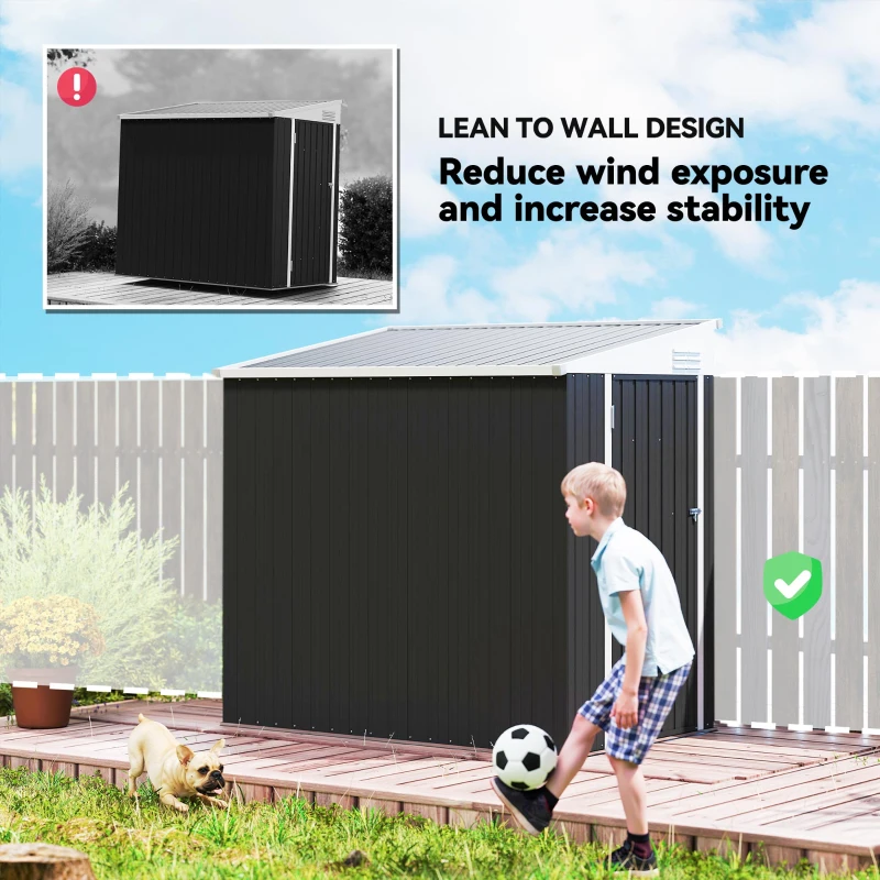 Outsunny 4' x 6' Lean to Garden Storage Shed, Outdoor Metal Tool House with Lockable Door Vents for Backyard Patio Lawn, Gray