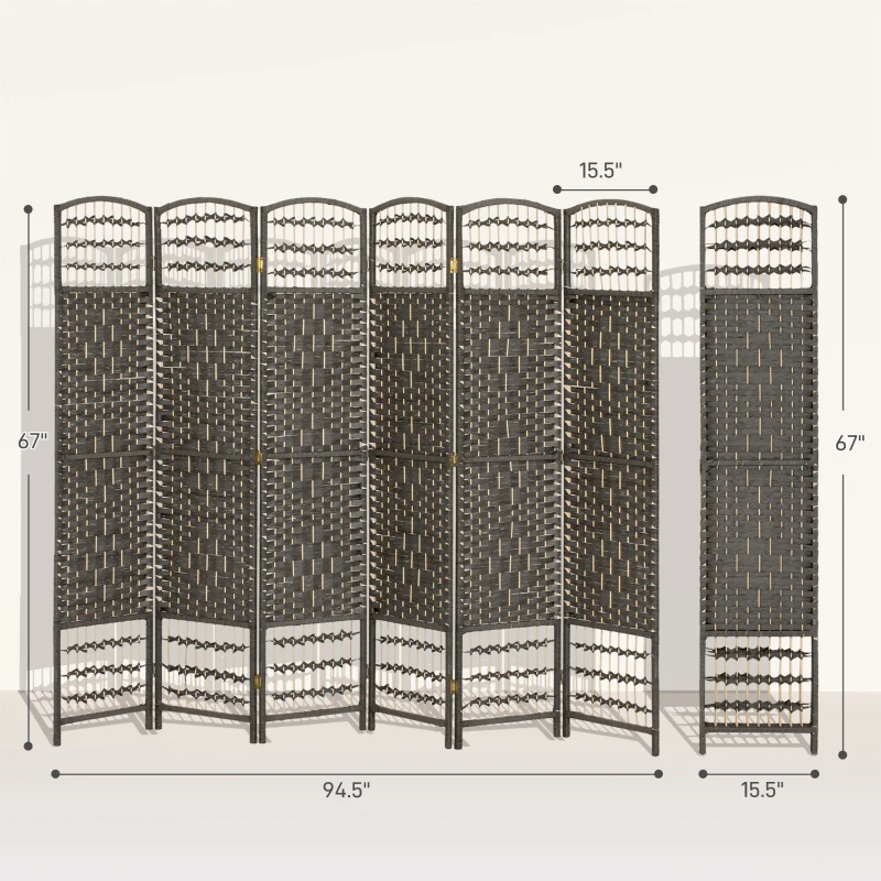 HOMCOM 6 Panel Folding Room Divider Portable Privacy Screen Wave Fiber Room Partition for Home Office Dark Gray