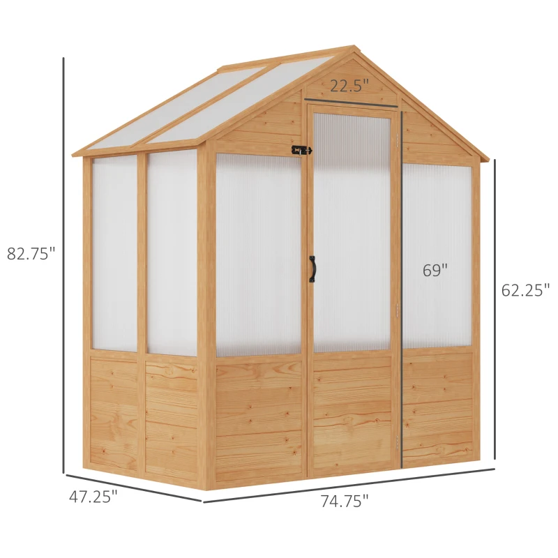 Outsunny 6' x 4' x 7' Polycarbonate Greenhouse, Walk-in Hot House Kit, Hobby Greenhouse with Lockable Door, Level 5 Wind Resistant Wooden Frame, Natural Wood