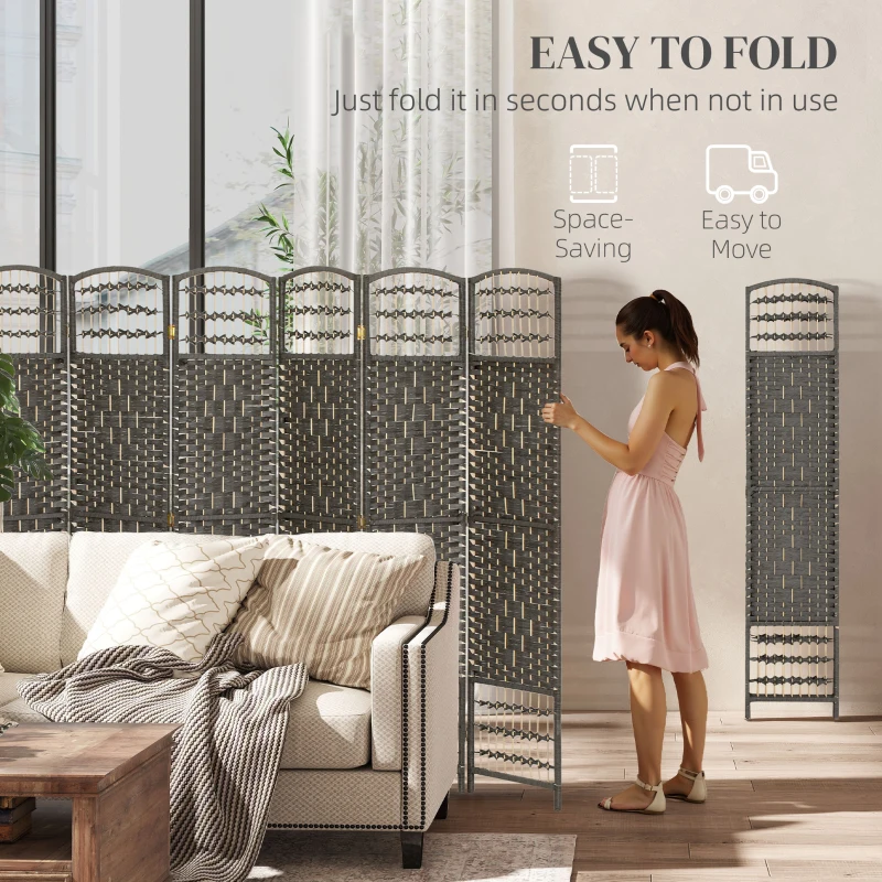 HOMCOM 6 Panel Folding Room Divider Portable Privacy Screen Wave Fiber Room Partition for Home Office Dark Gray
