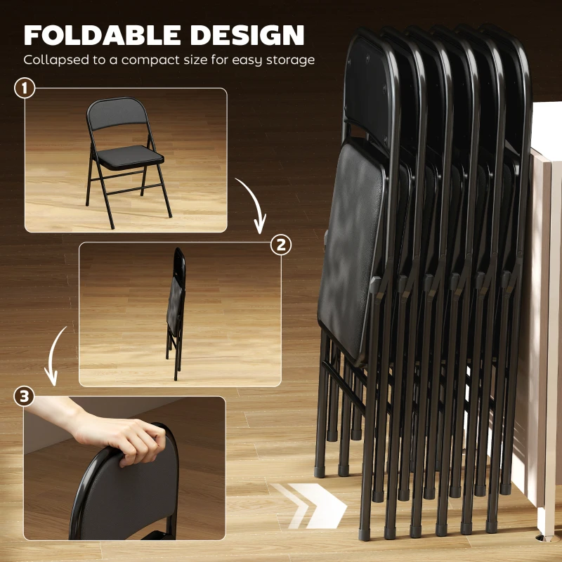 HOMCOM Set of 6 Metal Foldable Chairs, PU Leather Padded Folding Chairs with Cushion Seat and Open Back for Indoor, Black