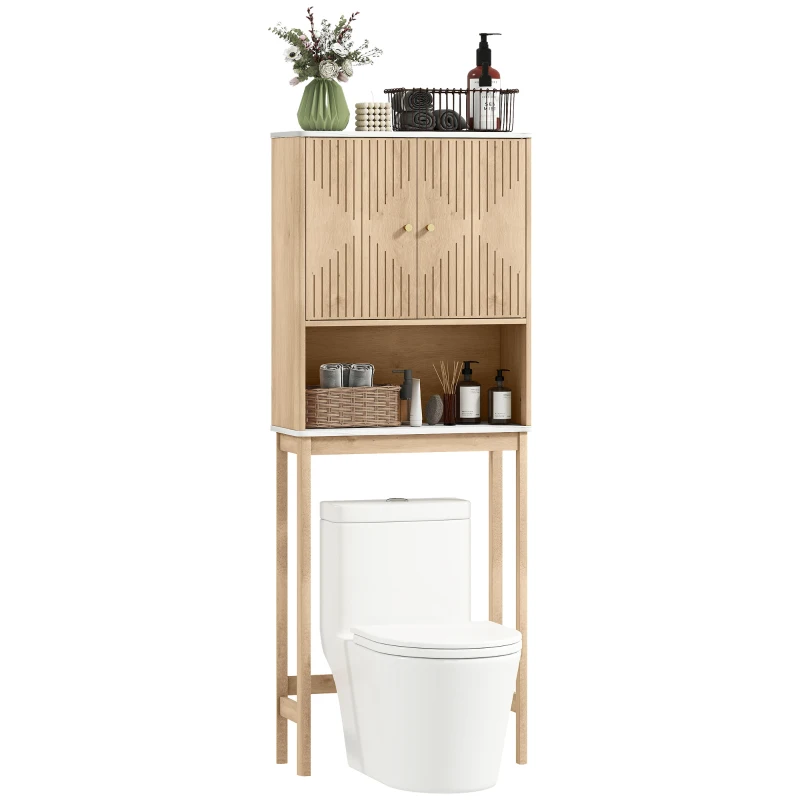 HOMCOM Over The Toilet Storage Cabinet with Adjustable Shelf, Open Shelf and Adjustable Bottom Bar, Oak