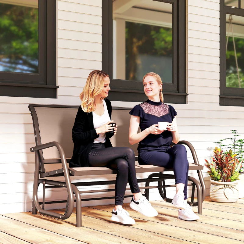 Outsunny Patio Double Glider Outdoor Steel Sling Fabric Gliding Bench Garden Swing Chair Heavy-Duty Porch Rocker Garden Loveseat Coffee Brown