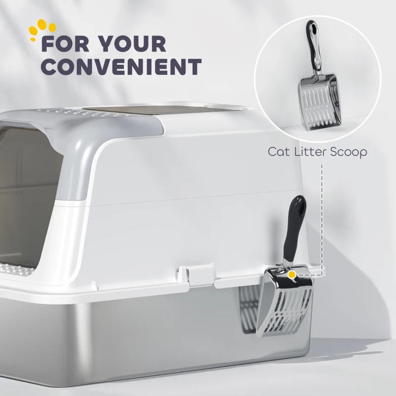 PawHut Extra Large Stainless Steel Litter Box, Enclosed Cat Litter Box with Scoop, Deodorizer Bag, Sand Drop Pedal