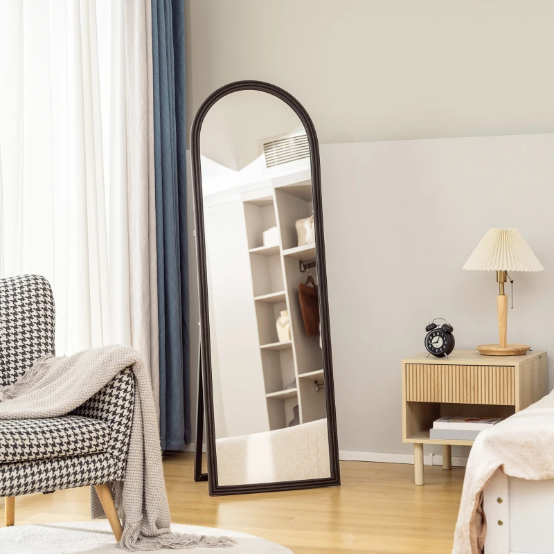 HOMCOM 64" x 21" Full Length Mirror, Free Standing, Leaning or Wall, Arched Full Body Mirror, Brown Wood Grain
