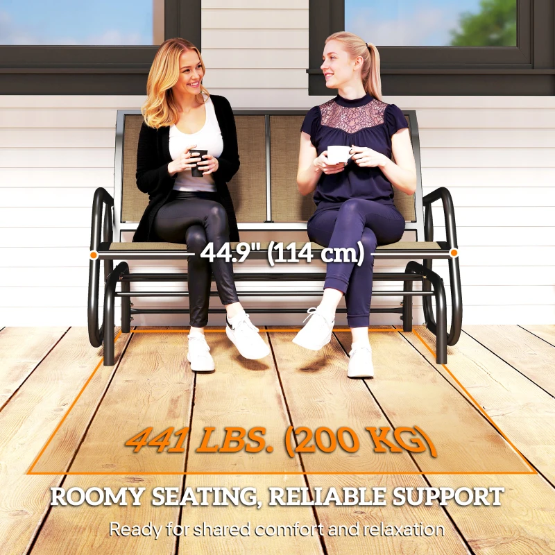 Outsunny Patio Double Glider Outdoor Steel Sling Fabric Gliding Bench Garden Swing Chair Heavy-Duty Porch Rocker Garden Loveseat Brown