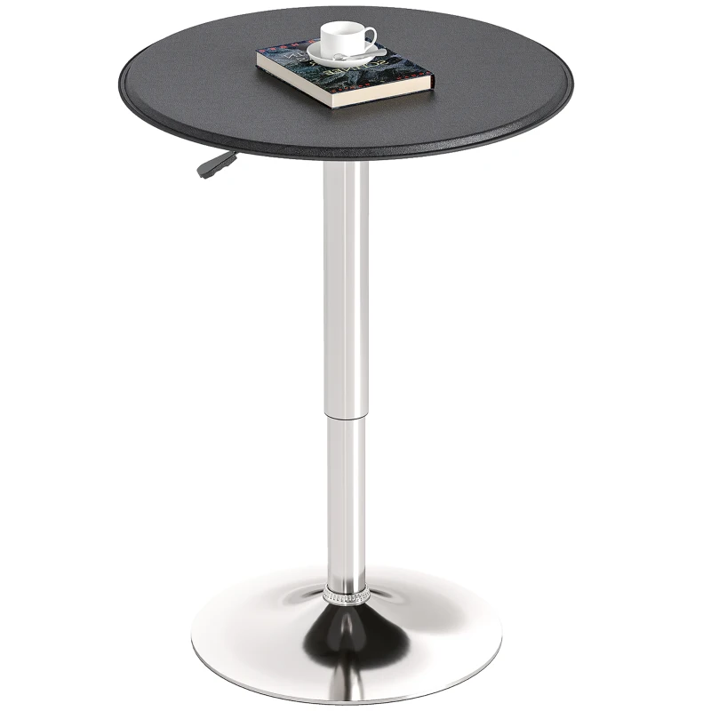 HOMCOM Modern Round Bar Table Adjustment Height Home Pub Bistro Desk Faux Leather Covered Wooden Top Chrome Base Black