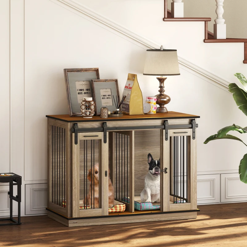 PawHut Dog Crate, Dog Cage End Table with Divider Panel, Dog Crate Furniture for Large Dog and 2 Small Dogs, Oak