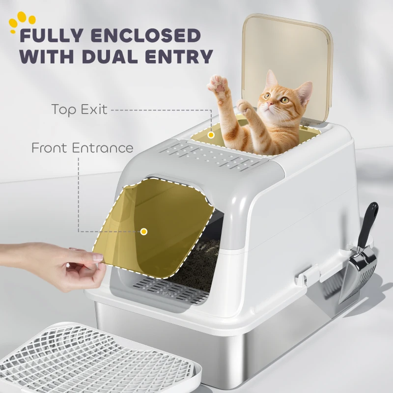 PawHut Extra Large Stainless Steel Litter Box, Enclosed Cat Litter Box with Scoop, Deodorizer Bag, Sand Drop Pedal
