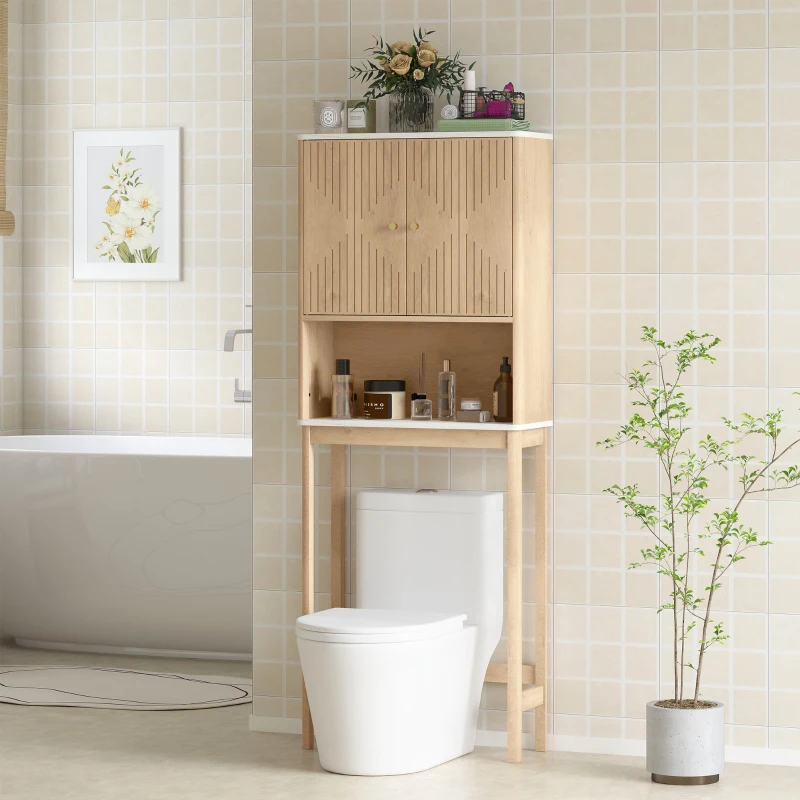 HOMCOM Over The Toilet Storage Cabinet with Adjustable Shelf, Open Shelf and Adjustable Bottom Bar, Oak