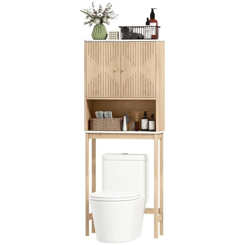 HOMCOM Over The Toilet Storage Cabinet with Adjustable Shelf, Open Shelf and Adjustable Bottom Bar, Oak