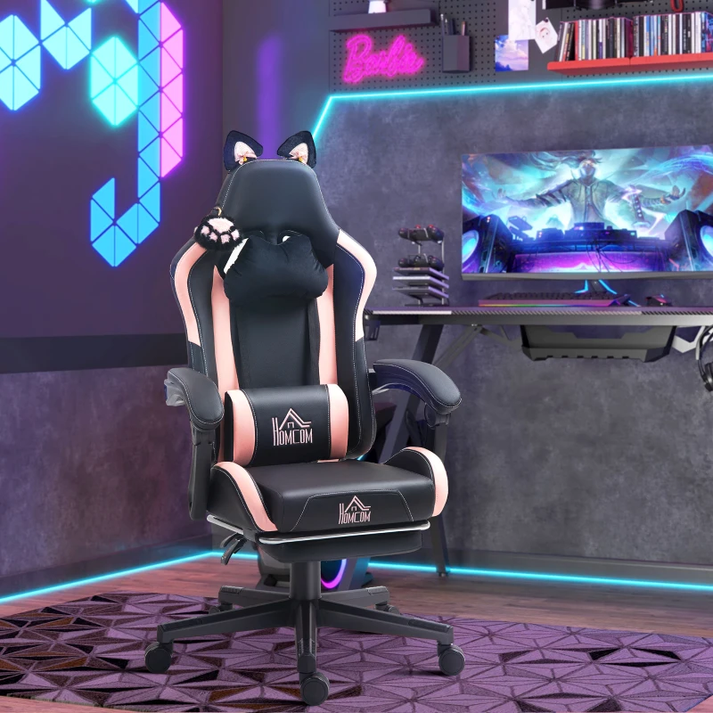 HOMCOM Cute Racing Gamer Chair, Faux Leather Gaming Chair with Footrest, Headrest and Lumbar Support, Black