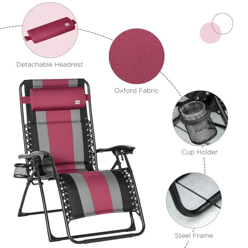 Outsunny XL Oversize Zero Gravity Recliner, Padded Patio Lounger Chair, Folding Chair with Adjustable Backrest, Cup Holder, and Headrest for Backyard, Poolside, Lawn, Striped, Wine Red