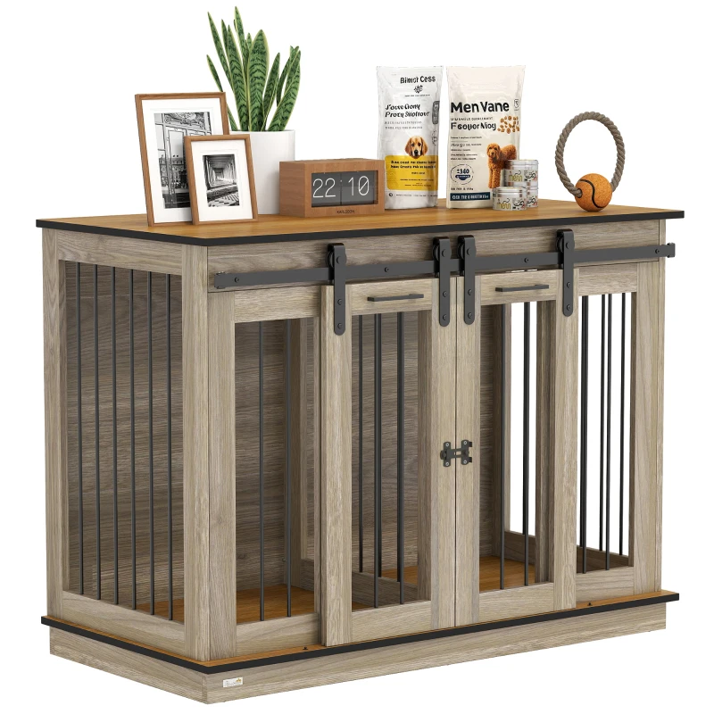 PawHut Dog Crate, Dog Cage End Table with Divider Panel, Dog Crate Furniture for Large Dog and 2 Small Dogs, Oak