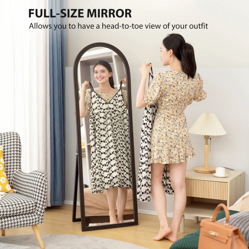 HOMCOM 64" x 21" Full Length Mirror, Free Standing, Leaning or Wall, Arched Full Body Mirror, Brown Wood Grain