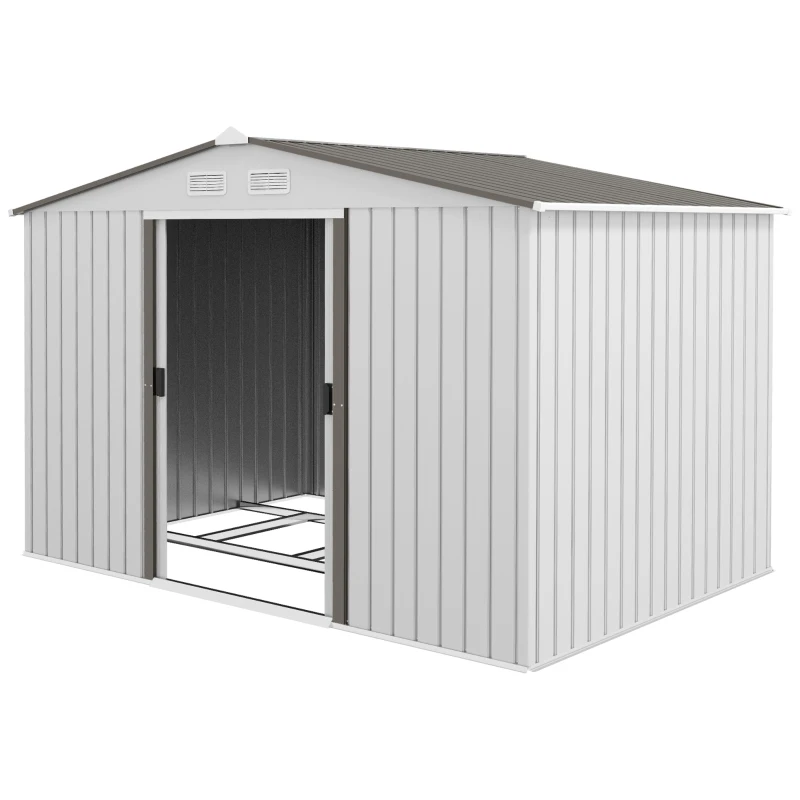 Outsunny 9' x 6' Outdoor Storage Shed, Garden Tool House with Foundation Kit, 4 Vents and 2 Easy Sliding Doors for Backyard, Patio, Garage, Lawn, Silver