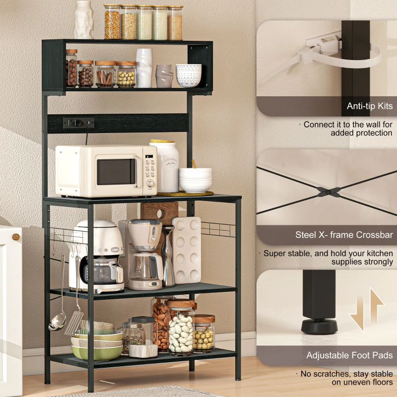 HOMCOM Baker's Rack with Charing Station, Microwave Shelf with Power Outlet, USB Charger and 5 Hooks, Black