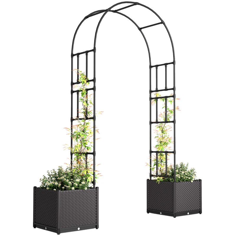Outsunny 8ft Garden Arch with Two Planters Outdoor Steel Trellis Arbor for Climbing Plants, Weddings, Party, Brown, Black