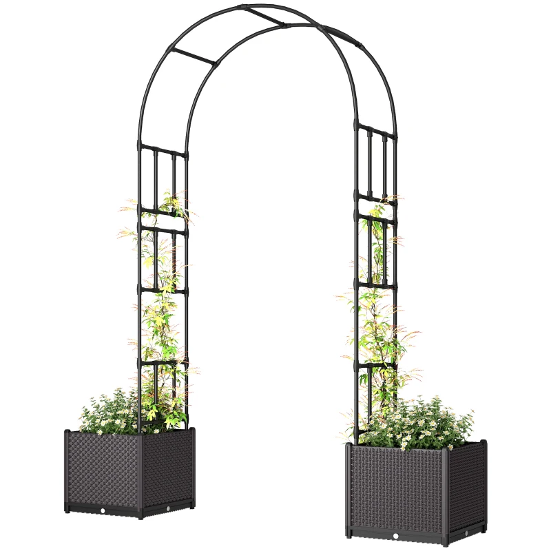 Outsunny 8ft Garden Arch with Two Planters Outdoor Steel Trellis Arbor for Climbing Plants, Weddings, Party, Brown, Black