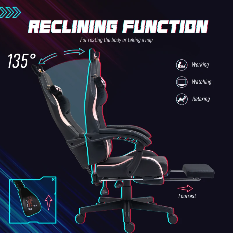 HOMCOM Cute Racing Gamer Chair, Faux Leather Gaming Chair with Footrest, Headrest and Lumbar Support, Black