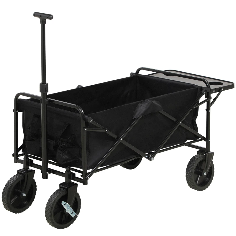 Outsunny Foldable Wagon Garden Carts with Wheels and Side Table, Black