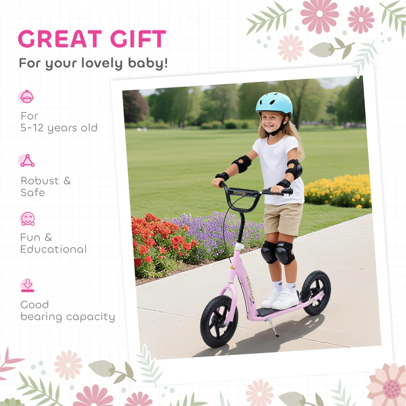 HOMCOM Kick Scooter for Kids 5-12 Years Old with Adjustable Height Handlebar, Non-slip Footplate, Big Wheels, Rear Brake, Pink