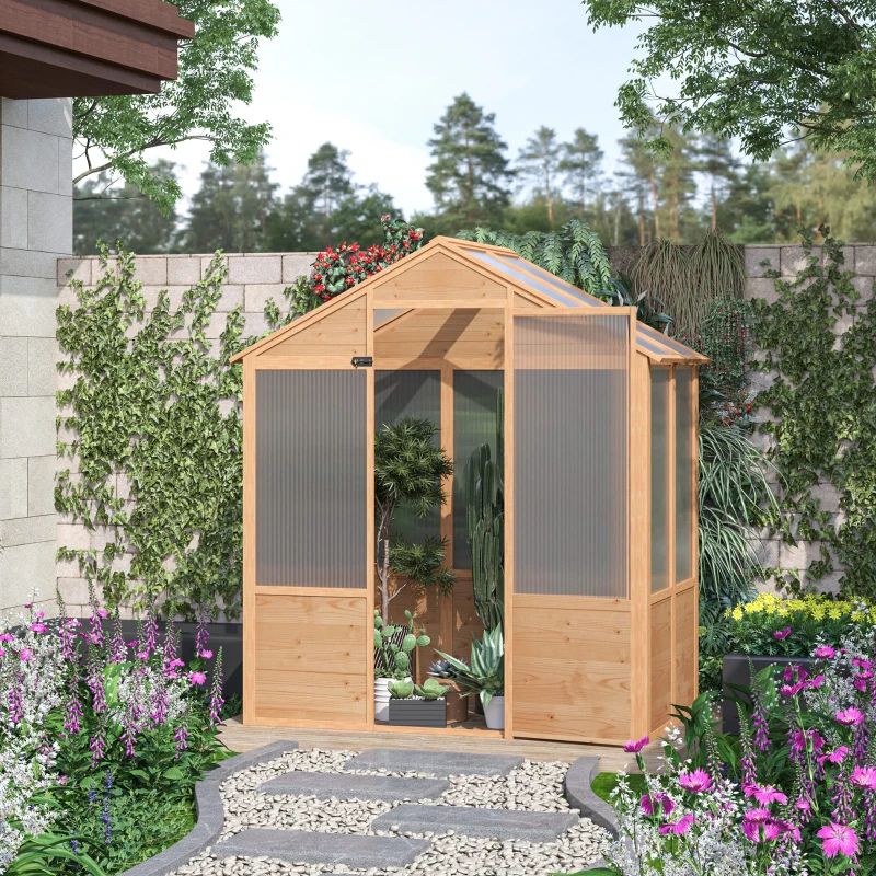 Outsunny 6' x 4' x 7' Polycarbonate Greenhouse, Walk-in Hot House Kit, Hobby Greenhouse with Lockable Door, Level 5 Wind Resistant Wooden Frame, Natural Wood