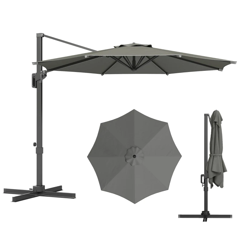 Outsunny 10' Offset Patio Umbrella Cantilever Umbrella with Aluminium Pole 360° Rotation and Tilt Adjustment, Grey