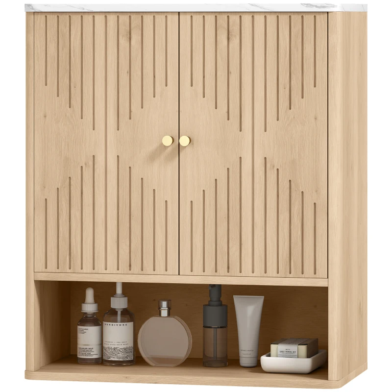HOMCOM Bathroom Wall Cabinet, Wall-Mounted Medicine Cabinet with Adjustable Shelf, Open Shelf and Marble Effect Top, Oak