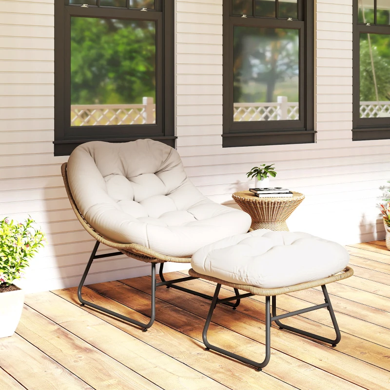Outsunny Rattan Chair w/ Stool, Cushion, Adjustable Foot Pads, Natural