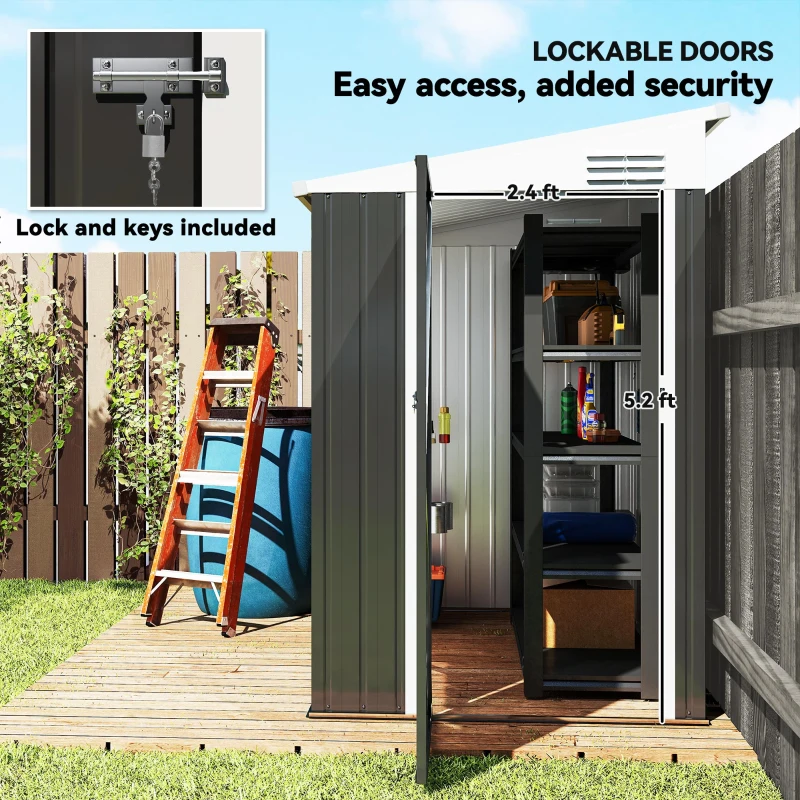 Outsunny 4' x 6' Lean to Garden Storage Shed, Outdoor Metal Tool House with Lockable Door Vents for Backyard Patio Lawn, Gray