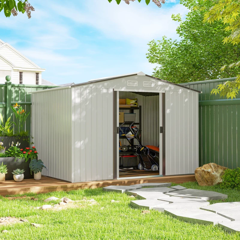 Outsunny 9' x 6' Outdoor Storage Shed, Garden Tool House with Foundation Kit, 4 Vents and 2 Easy Sliding Doors for Backyard, Patio, Garage, Lawn, Silver