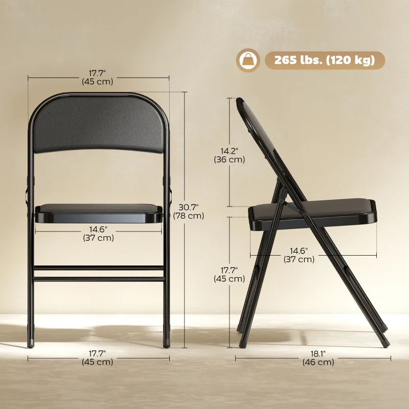 HOMCOM Set of 6 Metal Foldable Chairs, PU Leather Padded Folding Chairs with Cushion Seat and Open Back for Indoor, Black