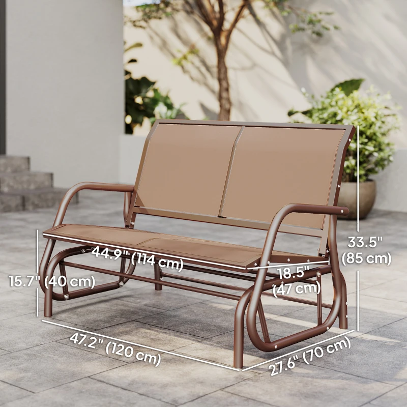 Outsunny Patio Double Glider Outdoor Steel Sling Fabric Gliding Bench Garden Swing Chair Heavy-Duty Porch Rocker Garden Loveseat Coffee Brown