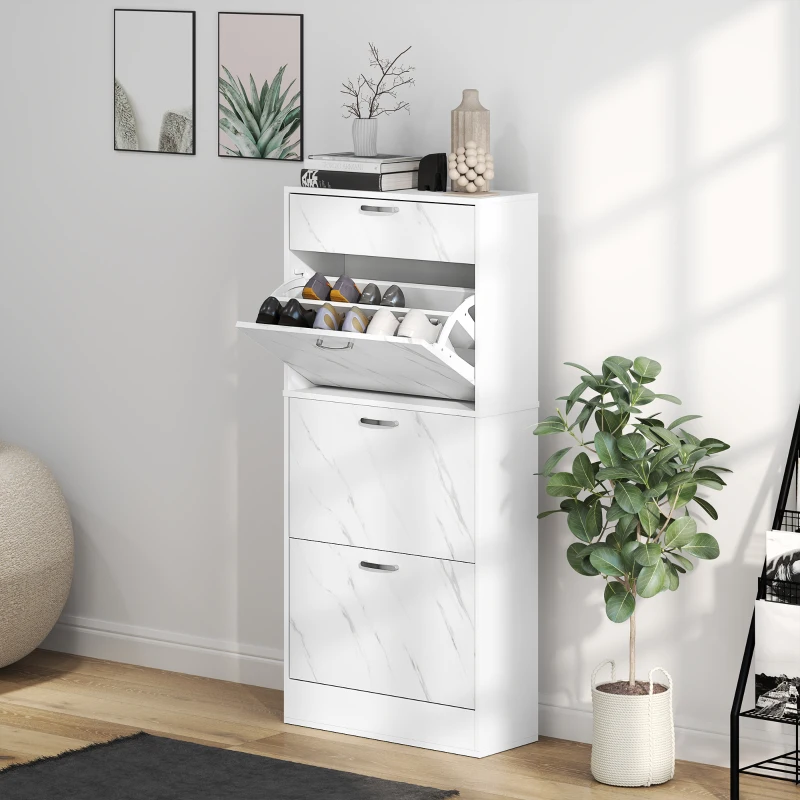 HOMCOM 3 Flip Drawer Shoe Cabinet, Marble-Effect Narrow Shoe Storage Cabinet with Top Drawer and Adjustable Shelves, White