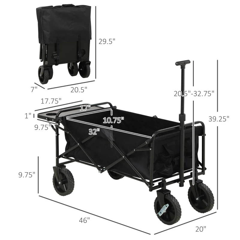 Outsunny Foldable Wagon Garden Carts with Wheels and Side Table, Black