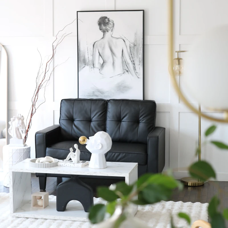 HOMCOM 51" Double Sofa Couch, Upholstered PU Leather Loveseat with Armrests, Tufted Backrest, Cushion, Black