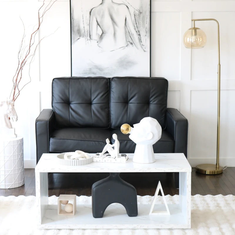 HOMCOM 51" Double Sofa Couch, Upholstered PU Leather Loveseat with Armrests, Tufted Backrest, Cushion, Black